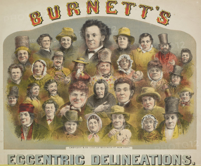 Burnett's Eccentric Delineations, 1874. 'Mr. Alfred Burnett, America's Favourite Humourist, assisted by Miss Helen Nash, the Popular Versatile American Artiste, will give his Laughable Delineations of Scenes in America'. With the help of makeup artist Helen Nash, Burnett was able to play multiple different characters in the same performance. He appeared at the Egyptian Hall in London.