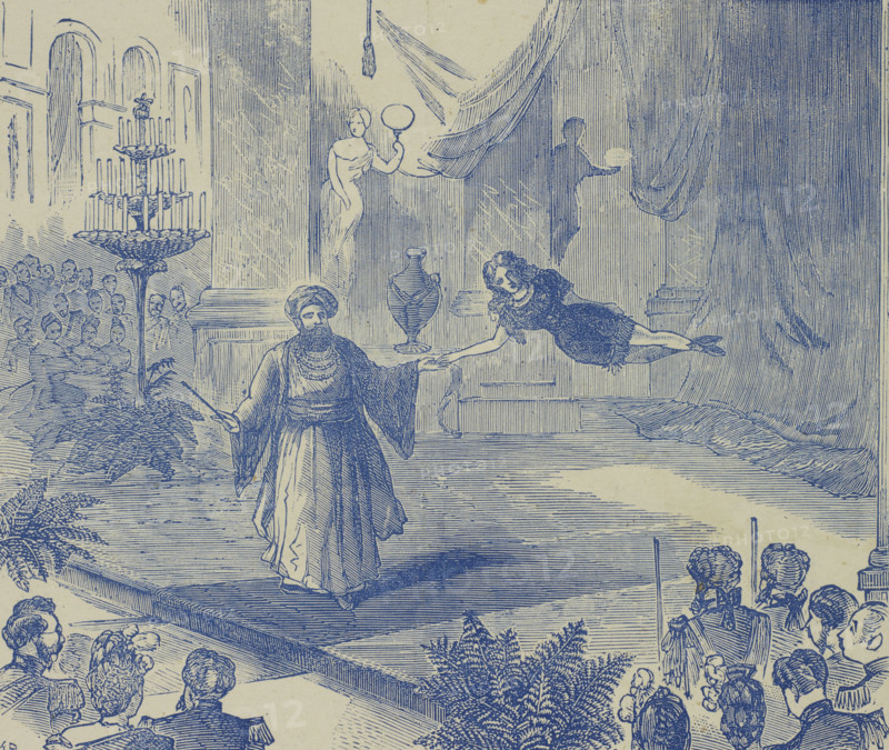 Fakir of Oolu and his Beautiful Entranced Girl, 1873. Illustration of Alfred Silvester, who performed under the stage name 'Fakir of Oolu' and pretended to be an Indian mystic in turban and full robes. He performed illusions such as the aerial suspension depicted here.