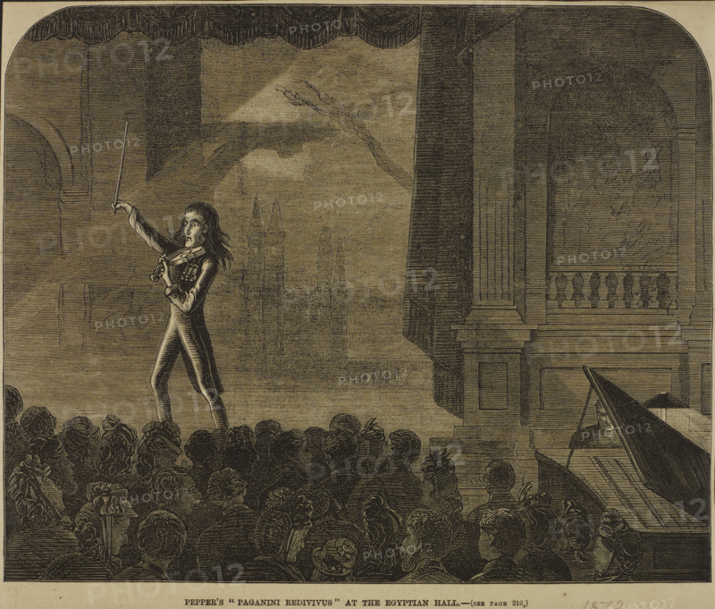Pepper's "Paganini Redivivus" at the Egyptian Hall, 1872. Violin performance at the Egyptian Hall, in Piccadilly, London.