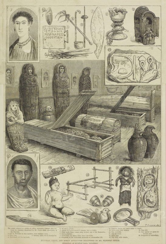 Egyptian, Greek, and Roman Antiquities discovered by Mr. Flinders Petrie, 1888. 'Exhibition at Egyptian Hall, Piccadilly. The centre subject is a group of coffins, mummies, Canopic jars, &c., from the cemetery discovered by Mr. Petrie while excavating in Fayoum. 1 and 11. Portraits in wax medium, from mummy cases. 2. Glass lens. 3. Mummy label, Greek inscription. 4. Flesh-hook and leaden ladle. 5. Women's spindle. 6. Bundle of leather-worker's needles, tied as found. 7. Flint knife, from temple area, Arsinoë, age of the Ramesides. 8. Incense-burner. 9. Terra-cotta toy sedan chair, lady removable. 10. Fragment of Labyrinth cartouche of Amenemhat III. 12. Papyrus charm and small image. 13. Terra-cotta doll, broken. 14. Toy crocodile. 15. Toy bedstead. 16. Boys' tops. 17. Toy bird, with wheels. 18. Rag doll. 19. Toy mirror of metal in wooden case. 20. Fragment of embroidery'. Illustrations of antiquities removed from their original sites by British archaeologist William Matthew Flinders P...