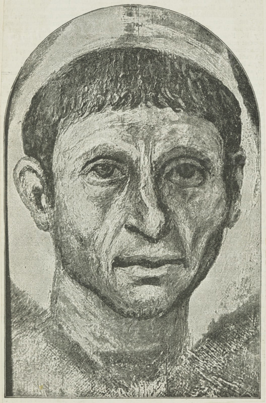 An Egyptian portrait on display at the Egyptian Hall, Piccadilly, 1888. Depiction of funerary portrait paintings on wood coffins found in Roman Egypt. This painting was removed by British archaeologist William Matthew Flinders Petrie, during his excavations at the Egyptian site of Fayum during the 1880s. This funerary portrait was on display at the Egyptian Hall in London.