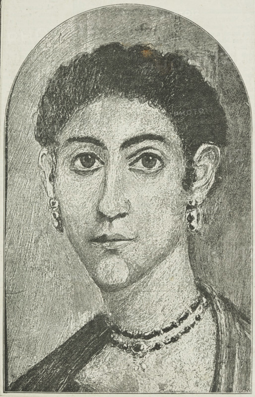 An Egyptian portrait on display at the Egyptian Hall, Piccadilly, 1888. Depiction of funerary portrait paintings on wood coffins found in Roman Egypt. This painting was removed by British archaeologist William Matthew Flinders Petrie, during his excavations at the Egyptian site of Fayum during the 1880s. This funerary portrait was on display at the Egyptian Hall in London.