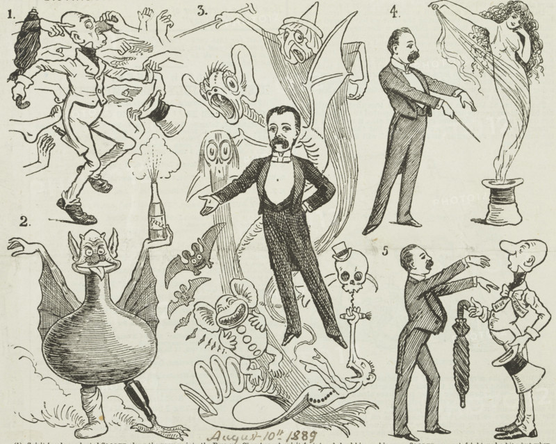 Distinguished People Interviewed by A. Sloper, 1889. The character of A. Sloper was played by John Nevil Maskelyne. Alexander, or Ally, Sloper was a fictional character. The name was based on a term in Victorian society used for someone who would slope down an alley to avoid paying the rent.