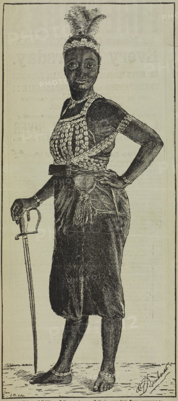 The 'Famous Amazons' - performances at the Crystal Palace, 1880. Illustration from an advertisement for 'Natives of Dahomey'. Depicted is an African woman wearing clothes and headdress decorated with cowrie shells and feathers, leaning on a sword. As European awareness of Africa developed in the 19th century, entrepreneurs exploited communities for their own gain. In 1893, over fifty Africans were 'exhibited' at the Crystal Palace in south-east London, including what the advert describes as 'a regiment of women warriors' known as 'The Famous Amazons', who were actually from modern-day Benin.