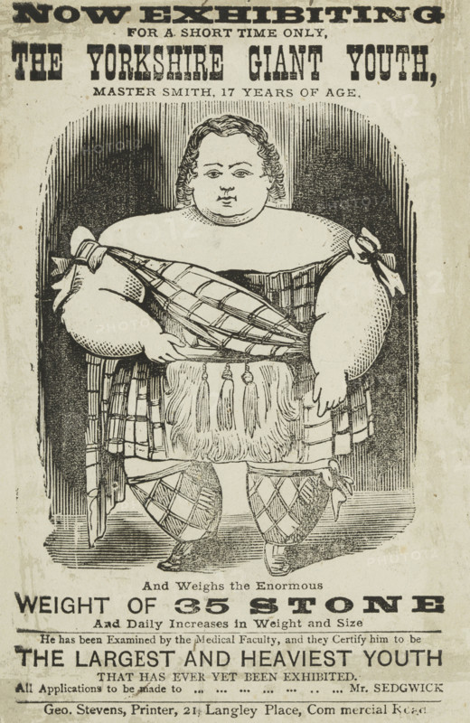 Master Smith, The Yorkshire Giant Youth, at the Agricultural Hall in Islington, 1873. 'Now Exhibiting for a Short Time Only, the Yorkshire Giant Youth, Master Smith, 17 Years of Age, And Weighs the Enormous Weight of 35 Stone And Daily Increases in Weight and Size. He has been Examined by the Medical Faculty, and they Certify him to be The Largest and Heaviest Youth that has Ever Yet Been Exhibited'. Advertisement featuring a severely overweight teenager. There have been showmen as long as there have been crowds to profit from. They have exhibited all kinds of people, animals and objects for education and popular entertainment. Showmanship in the 19th century was a hard business. People and animals with unusual characteristics were ruthlessly exploited and there was little care for them once they lost their popularity with the audience.