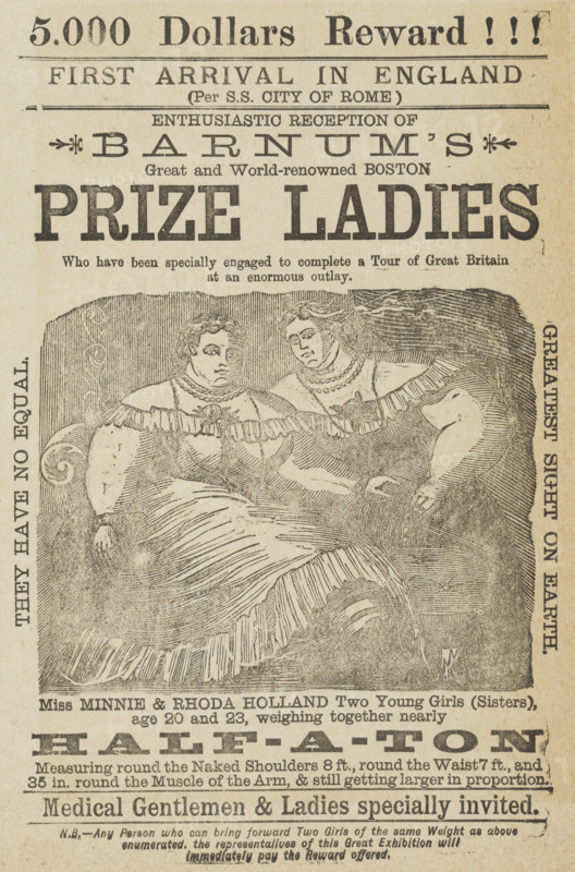 5,000 dollars reward! First Arrival in England...Enthusiastic Reception of Barnum's Great and World-renowned Boston Prize Ladies, c1885. '...Who have been specially engaged to complete a Tour of Great Britain at an enormous outlay. Miss Minnie & Rhoda Holland Two Young Girls (Sisters), age 20 and 23, weighing together nearly half-a-ton...Medical Gentlemen & Ladies specially invited. They Have No Equal. Greatest Sight on Earth...Any Person who can bring forward Two Girls of the same Weight as above enumerated, the representatives of this Great Exhibition will immediately pay the Reward offered'. P. T. Barnum's two 'fat lady' sisters were exhibited by P. T. Barnum as an attraction. Showmanship was a hard business. People and animals with unusual characteristics were ruthlessly exploited and there was little care for them once they lost their popularity with the audience.