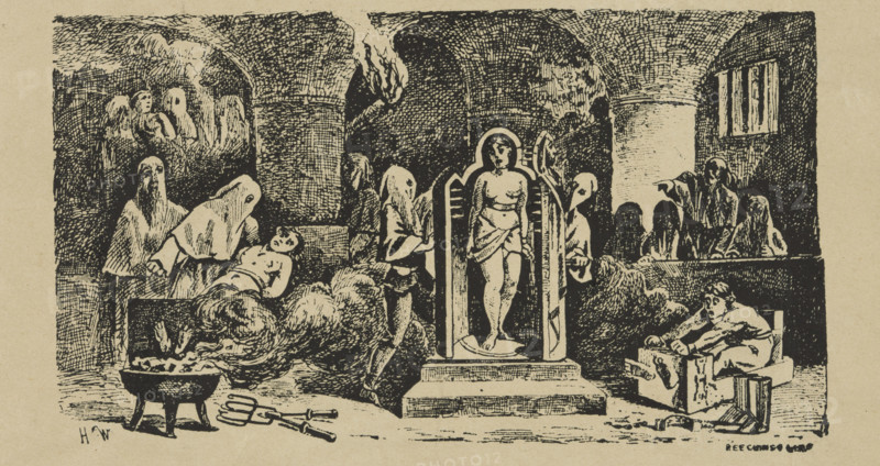 Chamber of Horrors, late 19th century. 'The Panopticum is a Museum where you find the Art of the Sculptor incarnate giving to the workmanship of the figures an appearance of living reality. The Ceroplasty (ie waxwork) figures have the appearance and countenance of living pictures. The Second Gallery represents The Awful Tortures of the Inquisition, with the Authentic Instruments of that Dreadful Institution. Chamber of Horrors - A Collection of French Criminals for the last ten years'. Illustration from an advertisement for attractions at the Great Panopticum Museum in Leicester Square, London. The exhibition focused on torture techniques from the Inquisition.
