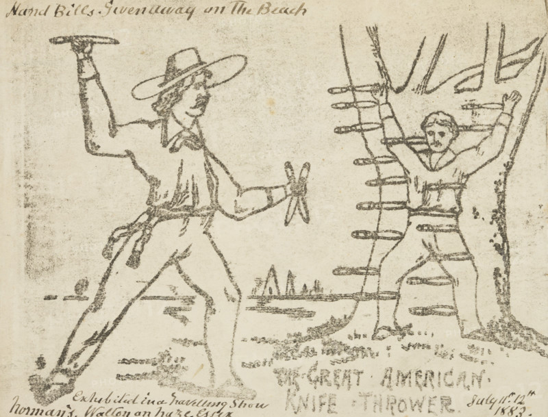 The Great American Knife Thrower, 1883. 'Hand Bills given away on the Beach. Exhibited in a Travelling Show, Norman's, Walton-on-the-Naze, Essex'. Image from a flyer for a travelling show.