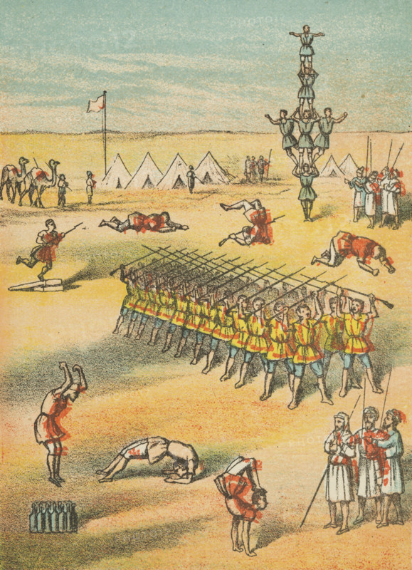 Desert scene with acrobats, soldiers, camels and tents, 19th century.