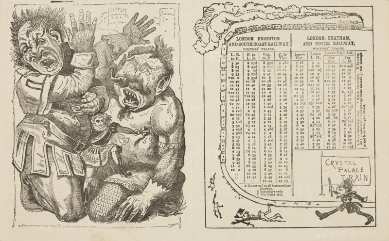 Train timetable and scene from the Crystal Palace pantomime, mid-late19th century. Poster or flier showing the times of trains on the London, Brighton and South Coast, and the London, Chatham and Dover Railways. The illustration shows a scene from a pantomime at the Crystal Palace, which was served by both railway companies.