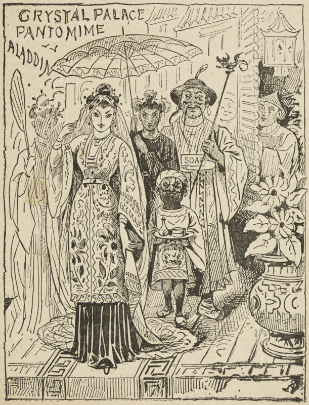 Crystal Palace Pantomime: Aladdin, mid-late19th century. Illustration from a poster or flier advertising "Aladdin", at the Crystal Palace in south-east London. The stereotyped depictions of non-Europeans reflect racist attitudes of the time.