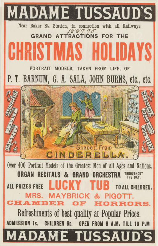 Madame Tussauds Christmas Holidays advertisement, 1889. The show featured over four hundred portrait models of men from various ages and countries around the world