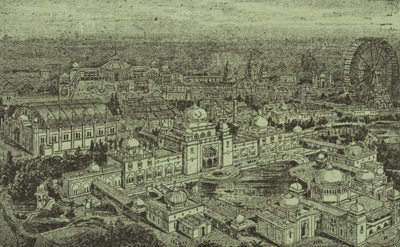 Empire of India Exhibition at Earl's Court in London, 1895. The exhibition, run by Hungarian impresario Imre Kiralfy, included attractions such as a model of an Indian city and a Burmese theatre. It was presented as an uncritical celebration of Indian culture and British colonial rule.