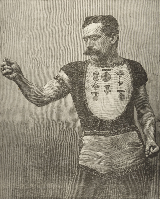 Samson, the Strongest Living Man, 1889. Portrait illustration from a flyer advertising a performance at the Royal Aquarium in London. In the act, spectators were offer £100 if they could perform the same feats as Samson.