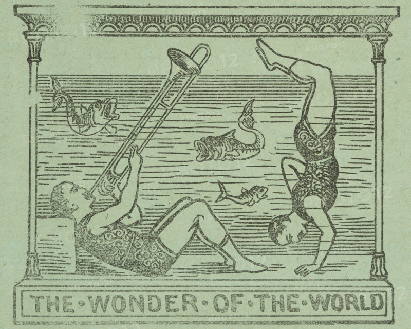 The Wonder of the World, 1891. Playing the trombone underwater. Illustration from a flier advertising Professor Taylor, "The Great Man Fish", performing at Coatham Pier Saloon, Redcar, Yorkshire..