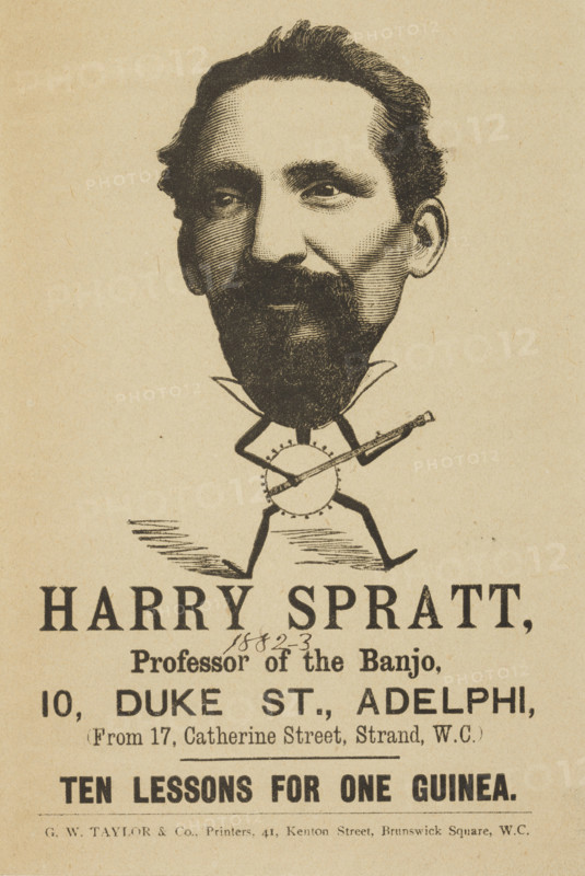 Harry Spratt, Professor of the Banjo, 1882. Illustrated flyer advertising ten banjo lessons for a guinea at 10 Duke Street, Adelphi, London.