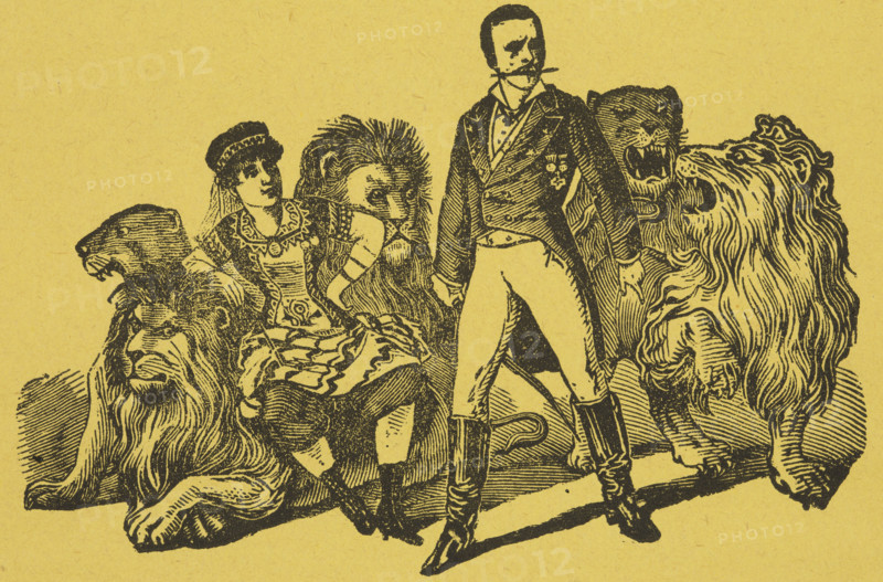 Colonel Boone and Miss Carlotta, American Lion Tamers, 1884. Colonel and Chevalier Edgar Daniel Boone, known as King of Beasts, and his wife Millie, known professionally as Carlotta the Lion Queen. Advertisement for their show at the Canterbury Theatre.