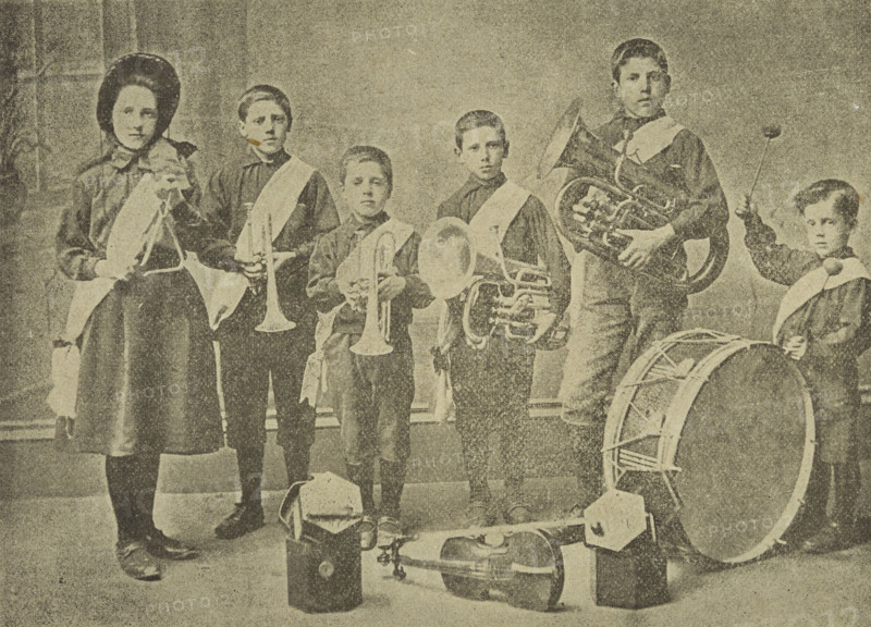 Salvation Army child musicians at Kennington Lane Barracks, London, 1896. Illustration from an advertisement for child musicians known as 'Richards' Musical Midgets'.