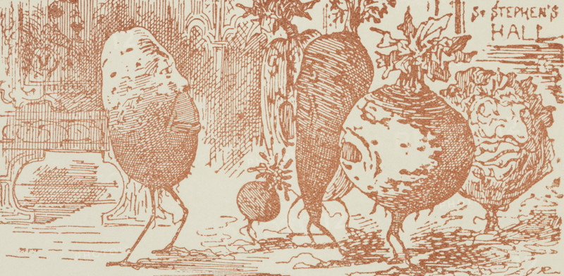 The Potato Tercentenary Exhibition and Conference at St Stephen's Hall, Westminster, London, 1886. Cartoon from an advertisement.