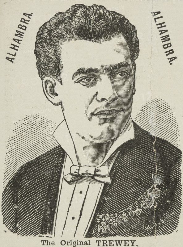 The Original Trewey, 1885. Illustration from a flyer advertising a performance at the Alhambra in London. Monsieur Trewey was famous for his 'Shadowgraph' entertainment. Félicien Trewey, (born Félicien-François Trevey, 1848-1920), was a French magician, mime, comedian, vaudevillian, tightrope walker, balance artist, dancer, musician, chapeaugraphist and shadowgraphist. Shadowgraphy (or ombromanie) is the art of performing a story or show using images made by hand shadows. It can also be called 'cinema in silhouette'.