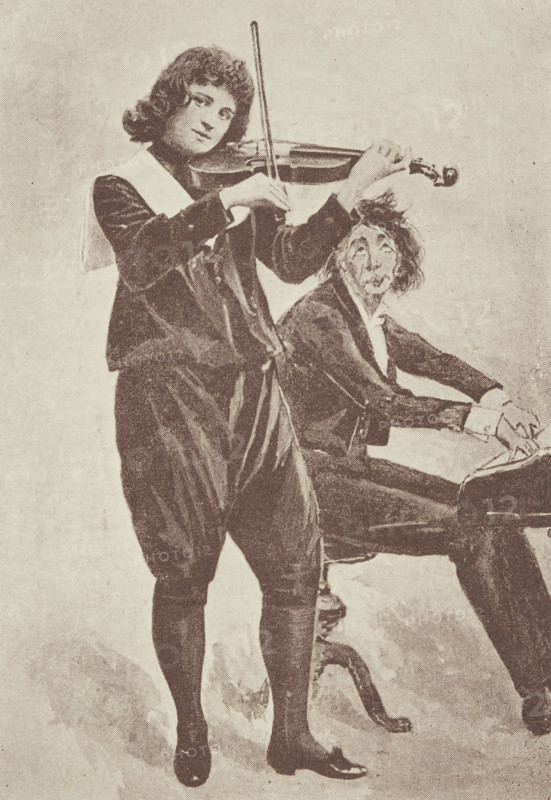 Musicians in "The Little Genius" at the Avenue Theatre, 1896. Illustrated flier advertising a performance.