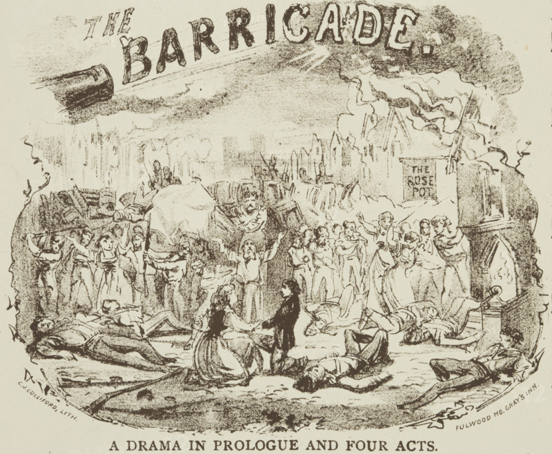 The Barricade - A Drama in Prologue and Four Acts, c1878. 'Grand Production of Victor Hugo's Great Work "Les Miserables", dramatised by Clarence Holt, and entitled "The Barricade"'. Illustrated advertisement for a stage show at the Duke's Theatre, Holborn.
