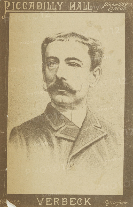 Verbeck at Piccadilly Hall, 1886. Portrait of Monsieur Verbeck who performed séances 'of prestidigitation and mesmerism'.
