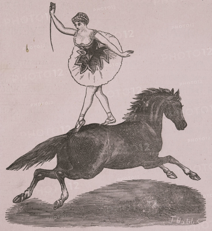 The Great International Cirque at the Theatre Royal, late 19th century. Illustration from an advertisement of a female acrobat balancing on a horse.