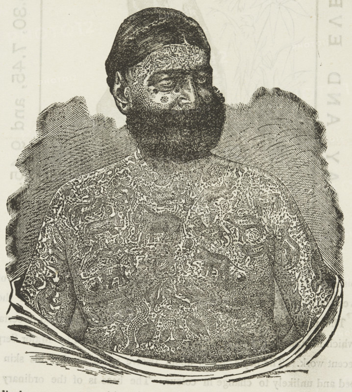 Captain Georges Costententus, The Tattooed Man at the Royal Aquarium in London, 1881. George Costentenus (born 1833 in Albania, then part of the Ottoman Empire) was a circus performer and travelling attraction who was tattooed over his entire body. He claimed to have been kidnapped by Chinese Tartars and tattooed against his will. He was managed by Signor Guillermo Farini, a.k.a William Hunt.