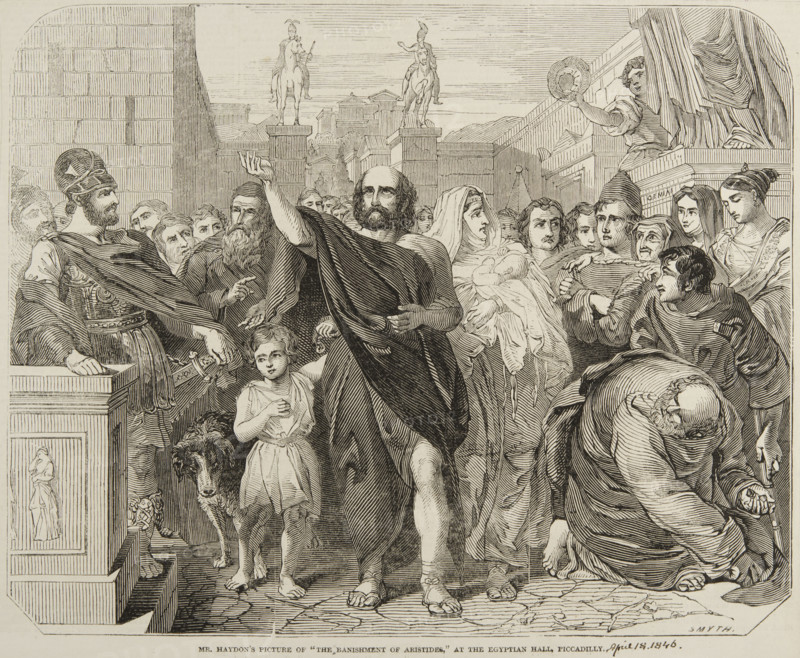 Mr Haydon's picture of "The Banishment of Aristides" at the Egyptian Hall, Piccadilly, 1846. Engraving after a painting of Aristides appealing to God as he and his family leave the city of Athens via the Piraean Gate.