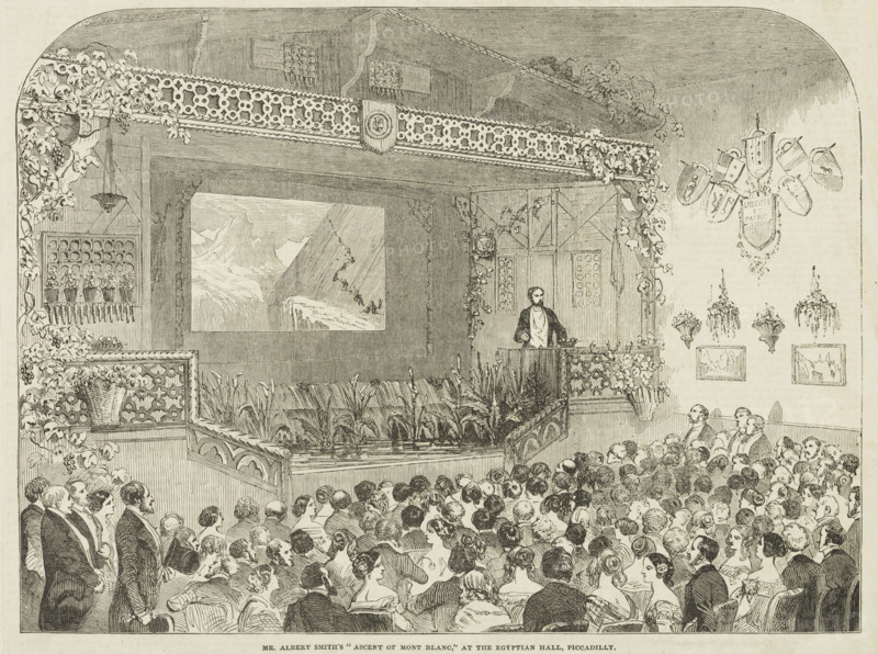 Mr Albert Smith's "Ascent of Mont Blanc", at the Egyptian Hall, Piccadilly, 1852. British author, entertainer, and mountaineer Albert Smith (1816-1860) gives a presentation at the Egyptian Hall in London, in the form of an illustrated lecture on his ascent of Mont Blanc in the French Alps.