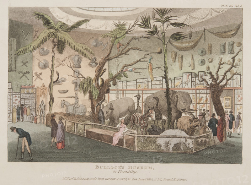Bullock's Museum, 22 Piccadilly, c1815. British traveller, naturalist and antiquarian William Bullock commissioned the building of the Egyptian Hall in London to house his collection of curiosities. Originally built in 1812, it was converted into an exhibition space in 1819.