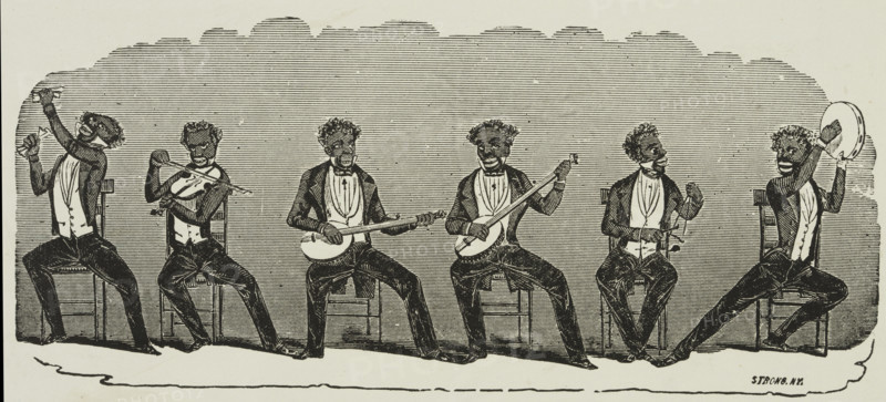Barnards Troupe of Christy Minstrels, 1869. Illustrated advertisement, probably for a performance at the Egyptian Hall in Piccadilly, London. Minstrel shows were a racist form of entertainment popular in the USA and the UK during the 18th and 19th centuries. Performers - often white people in blackface - depicted negative stereotypes of African Americans. The success of Edwin Pearce Christy's minstrel show led to the phrase 'Christy Minstrels' coming to mean any blackface minstrel show. Barnards Troupe of Christy Minstrels was one of four companies formed at this time, each claiming to be the 'original' Christy Minstrels, because they each boasted one or two former members of the old troupe. They followed their 1869 performances at Egyptian Hall with shows at the St George's Hall, Langham Place.