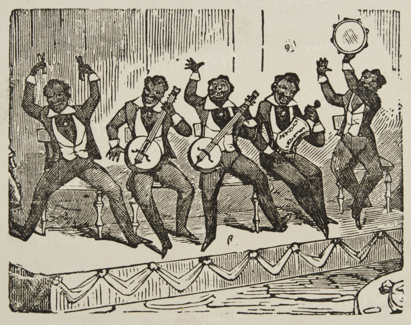 Lantum Ethiopian Serenaders, c1840s. Illustration of a minstrel show group advertising their performance at the Egyptian Hall in Piccadilly, London. A minstrel show was an American form of racist entertainment developed in the early 19th century. Each show consisted of 'comic' skits, variety acts, dancing, and music performances that depicted stereotypes of people of African descent. The shows were mostly performed by white people in make-up or 'blackface', for the purpose of demeaning and dehumanising African Americans.