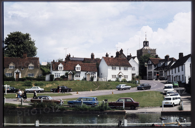Looking east across the pond at Finchingfield towards houses on The Causeway and Church Hill, Essex, 1980.