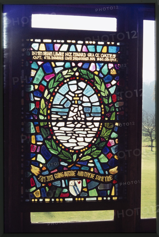 A stained glass window commemorating Lawrence Edward Grace Oates in The Oates Memorial Museum at The Wakes, High Street, Selborne, Hampshire, 1973. The window commemorates explorer Lawrence Oates, who died in Antarctica in 1912. The inscription at the base is of Oates' final words: "I'm just going outside and may be some time".