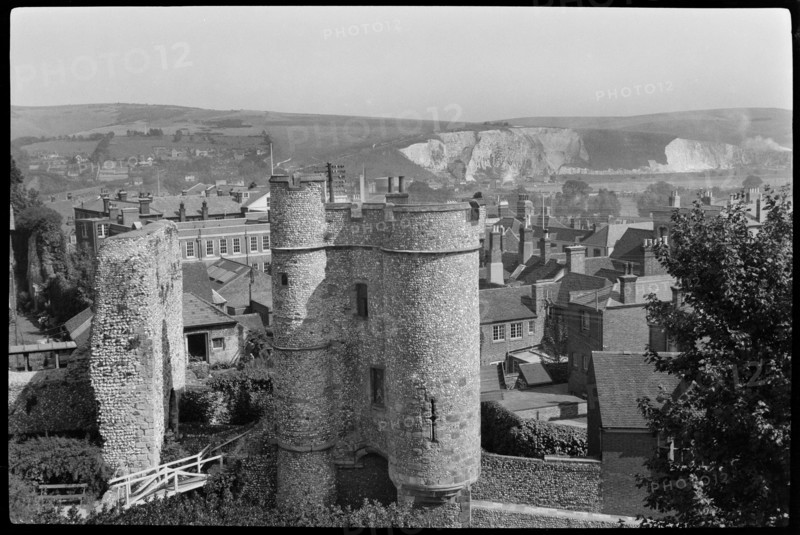 A view looking east from the keep of Lewes Castle towards the Barbican and inner gatehouse, East Sussex, 1930s-1940s.