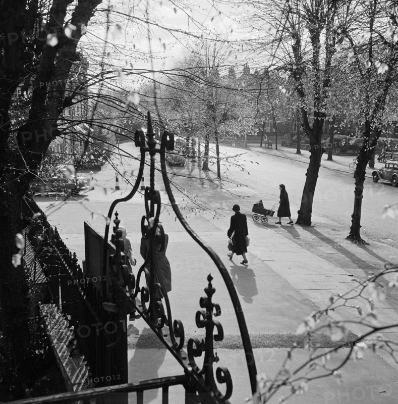 A view south-west on South Grove, Highgate, London, 1955 - 1965; looking over a decorative wrought-iron overthrow and railings at the front of a house at the north-east end of the street.