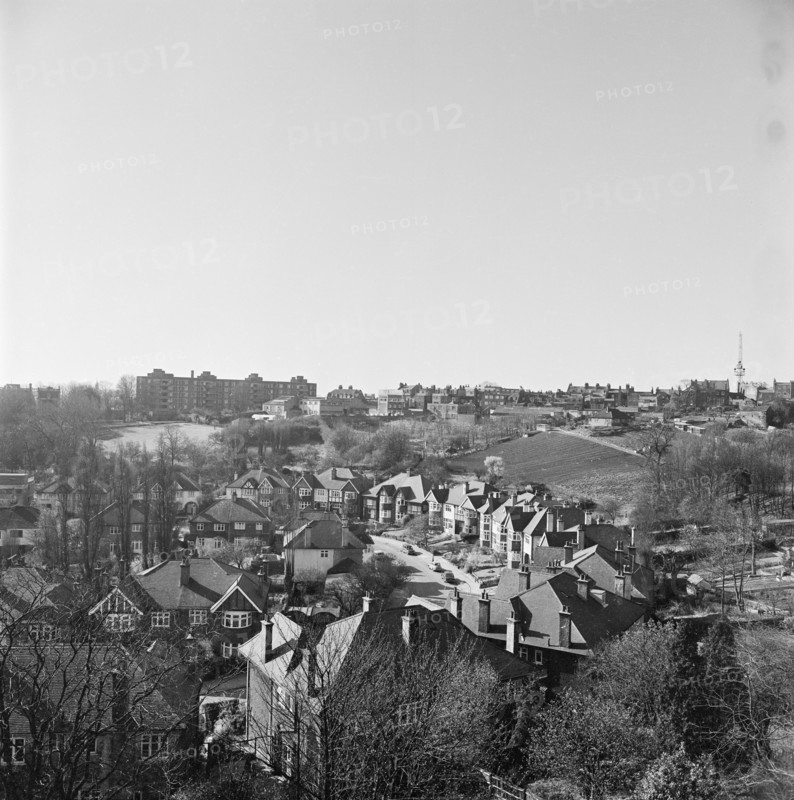 View south from the roof of Southwood Heights, Highgate over Cholmeley Crescent, London, probably 1970s. John Gay lived at 30 Cholmeley Crescent for many years.