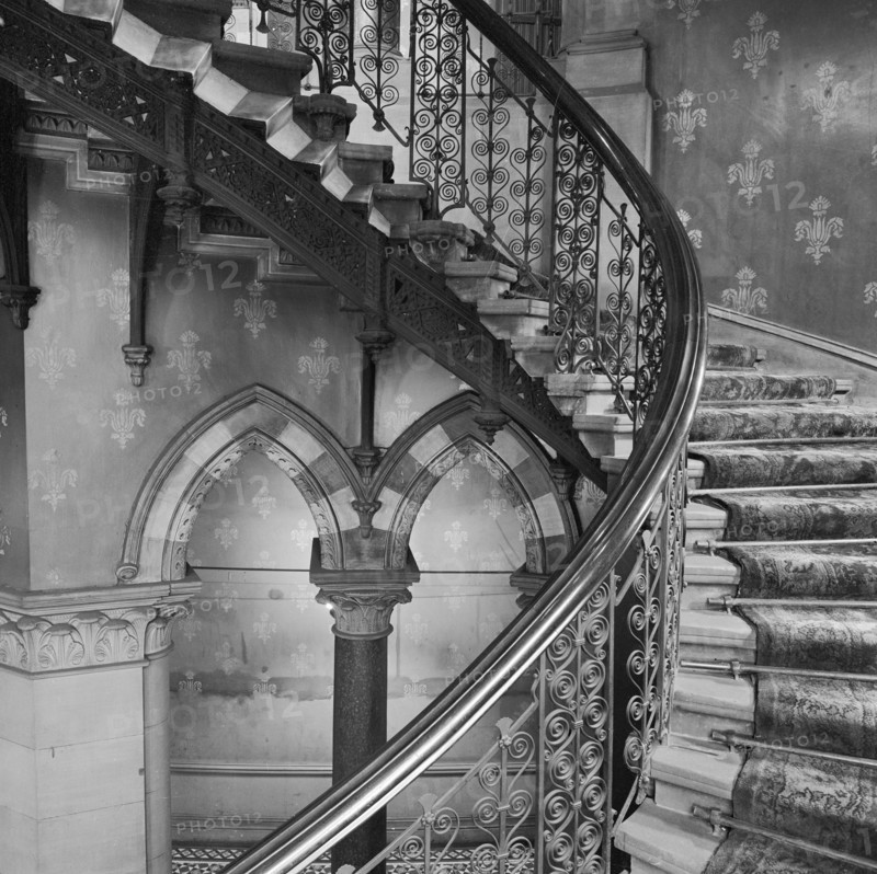Interior detail showing the iron balustrades of the grand staircase in the Midland Grand Hotel at St Pancras Station, London, 1960-1972.