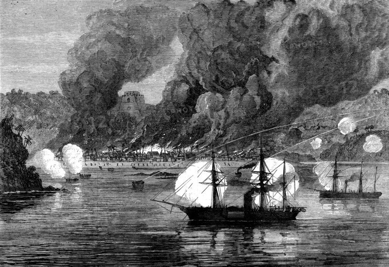 The War on the Gold Coast: bombardment and burning of Bootry by H.M.S. Argus and decoy, Oct. 28, 1873. 'Bootry,...east of Dix Cove, was chastised by Commander Percy Luxmoore, aided by Lieutenants John Hext and Young, with the boats of H.M.S. Argus, sloop, and H.M.S. Decoy, gun-boat, and with a force of small-arm men and marines, a shore rocket party, a few n*gro soldiers of the 2nd West India Regiment...and some n*gro policemen...Bootry was the chief village of a district under the influence of the Ashantees, and has given much annoyance to the loyal people of Dix Cove. Beginning at six in the morning, with a heavy fire of shell from the ships at 800 yards' distance, Commander Luxmoore...landed [a party], and set fire to the "town"...A continual fire was meanwhile kept up from the rocket-boats and guns, to prevent the enemy gathering in the bush, the Decoy at the same time firing up the river, where most of them had gone. None of our side were even wounded. In the sketch here engraved ...