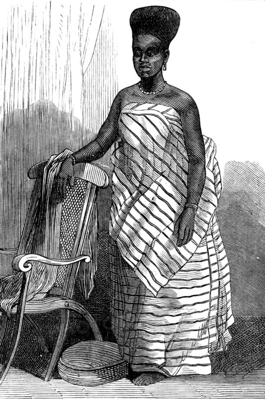 The War on the Gold Coast: a belle of Cape Coast Castle, 1873. Young woman from West Africa. Engraving 'copied from photographs lent us by Mr. James Irvine, F.R.G.S., of Birkenhead. He got them in 1869, at Cape Coast Castle, from the photographer there, who is a native of Sierre Leone'. From "Illustrated London News", 1873.