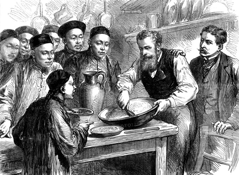 Making a Christmas Pudding in China, 1873. 'It was my fate to spend Christmas last year in China, and the house I chanced to be living in contained a number of young gentlemen belonging to one of the large mercantile firms. In their arrangements for the Christmas dinner, it was found that none of the Chinese servants knew how to make a plum-pudding...What useless fellows we all found ourselves, when the question went round if anyone could make a plum-pudding!...The next evening some friends came in, and...one of the gentlemen present offered his services. Had a superior being from a brighter sphere come down to assist us, the joy could not have been greater. His coat was pulled off, and there was a rush to the kitchen, where, the materials being all ready, the process was gone through, with an earnest and inquiring crowd of pigtails round the table. The Chinese "boys"..watched the whole proceeding...the pudding we got was no makeshift; it was as good an article of the kind as ever appe...