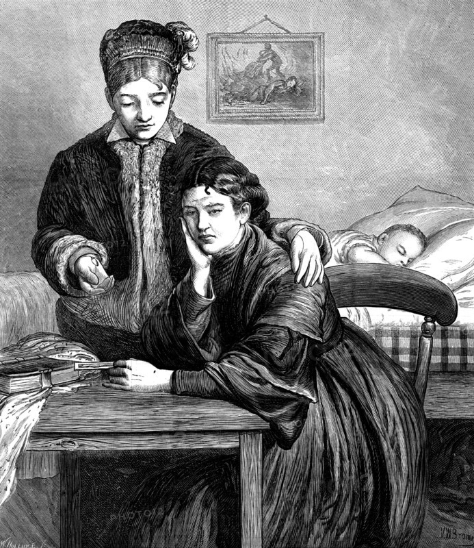 Soldiers' Wives, 1873. '...though a wife may well be expected to mourn if her husband be drowned outside the moaning bar of the harbour in sight of their native village, it is not for his working that she has cause for sorrow, but for his ceasing to work and to live. The soldier's wife, too, may be of the same mind with the sailor's, in tolerating the special risks or dangers of her brave partner's calling and service, as well as the long periods of his absence from home..."And men must fight, though women may weep," is a remark that sounds quite as appropriate, in the present condition of humanity, as that doleful lamentation over the accidental perils of industry...Those whom the reader sees in kindly talk with each other beside the cot of an innocent babe, depicted in our front-page Engraving, are women of different social rank : the one is a lady of refined education and the wife of a distinguished officer; the other, with a heart as true, is the wife of Private Jones, No. 89 in hi...