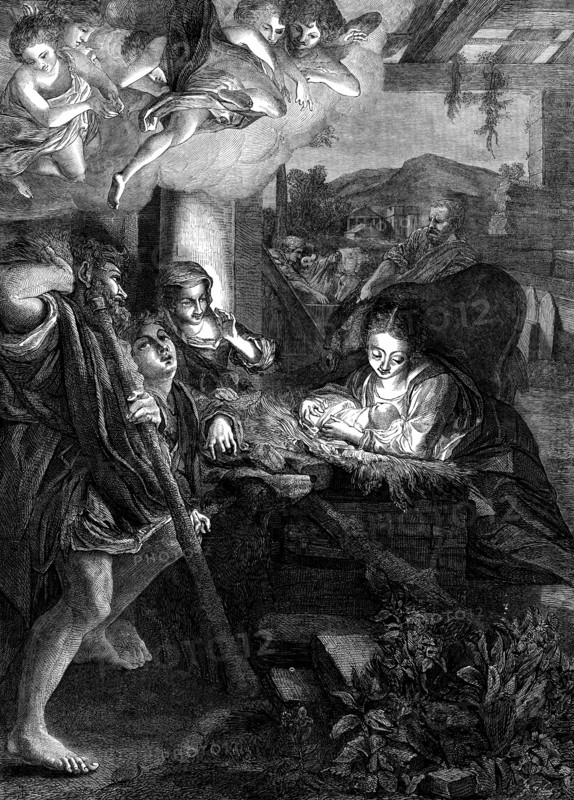 La Notte, from the picture by Correggio, in the Dresden Gallery, 1873. '"La Notte," or "The Night," which we engrave as a fitting art-illustration for this Christmas-tide, this Festival of the Nativity, is the most celebrated of several chefs-d'oeuvre by Correggio...the greatest master of chiaroscuro. This rare charm in art is here exemplified by the exquisite manner in which the light emanating from the Divine Infant is conducted. The supernatural light beams full on the ecstatic face of the Virgin, yet she is undazzled by it; while another female draws back...as though unable to endure the radiance; it brightly illumines the angels above, and it touches more softly the rude faces and forms of the shepherds...Here the simplicity of the drawing of the Virgin and Child is shown in contrast with the foreshortening of the group of angels...The emitting the light from the Child through a supernatural illusion is eminently successful: it looks neither forced nor improbable...the matchless b...