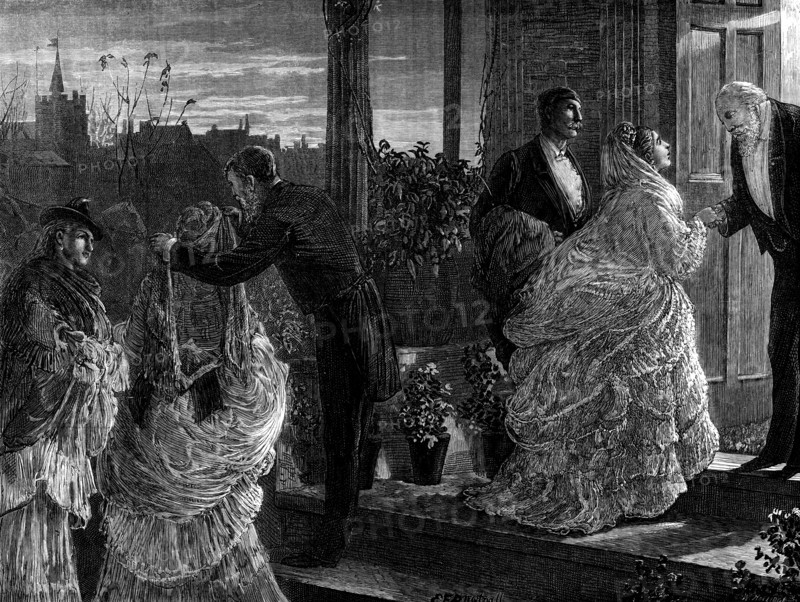 After the Party - drawn by E. F. Brewtnall, 1873. '"The Last Galop," with its giddy whirl of final ecstasy among the insatiable young dancers...has ceased to shake the floor of the ball-room, or rather of the un-carpeted drawing-room, where fifty people have enjoyed themselves from ten o'clock in the evening till four o'clock in the morning. It is time for all to go home: all but the very last of them, as we now perceive, are gone; and these are yet standing upon the doorstep, ready to enter their private or hired broughams, while the polite and genial master of the house, an elderly gentleman with the halo of commercial prosperity around his respectable head, is waiting to dismiss them with a fervent benediction at the starting of the carriages, before he will shut the house door. If he may thank each detachment of the company for the pleasure which their presence has given, it is their part equally to thank him, and his wife and daughters, for the delightful entertainment...but we ar...