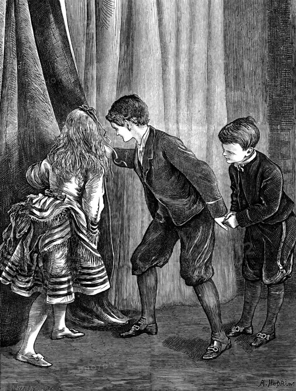 Hide and Seek, 1873. Illustration to a poem by John Latey. 'You naughty prying children, shame! Have you not heard of Peeping Tom? And what a byword he became, A mark of scorn through Christendom? From you, Miss Jenny, I expected Far other conduct, I confess; But there, thank goodness, you're detected, For here comes your prim governess; And such a lecture she'll be reading Of what decorous is and fitting, She'll scold you well for your ill-breeding: There - there - you'd better all be flitting!' From "Illustrated London News", 1873.
