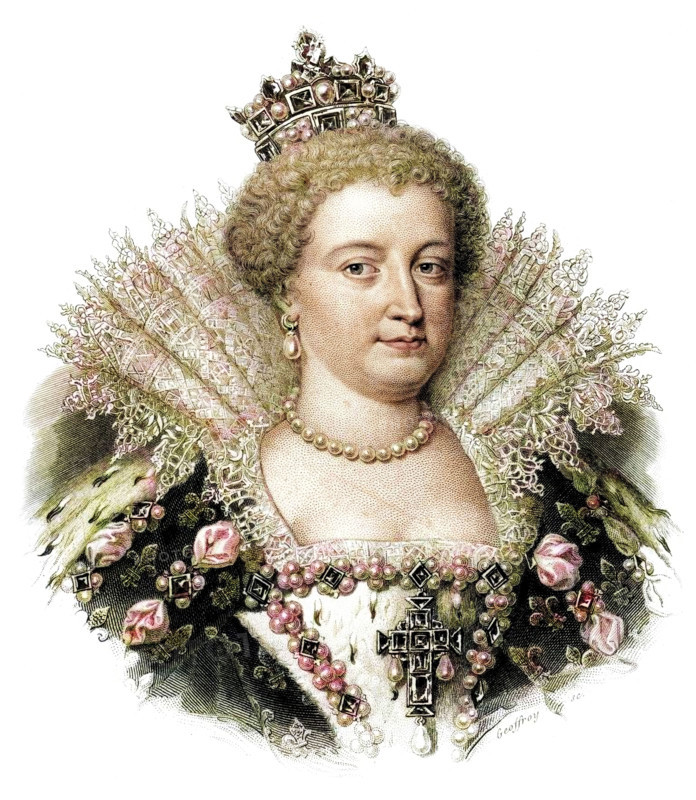 Marie de' Medici. Marie (1573-1642) was the second wife of Henry IV. She acted as regent for their son, Louis XIII, after Henry was assassinated in 1610. (Colorised black and white print).