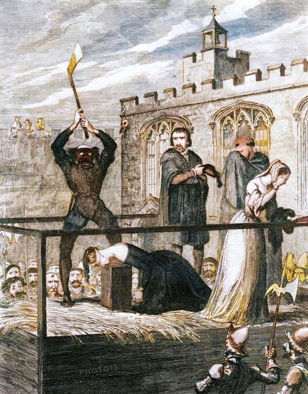 The execution of Lady Jane Grey, 1554 (1840). A grandniece of Henry VIII, Jane was proclaimed queen on Edward VI's death in 1553 in an attempt to secure a Protestant succession. Only a few days later Henry's eldest daughter, the Catholic Mary Tudor, claimed the throne. Jane was deposed and executed for high treason, at the age of 16, on Tower Hill on 12 February 1554. A print from "The Tower of London a Historical Romance" by William Harrison Ainsworth. (London, 1840). (Colorised black and white print).