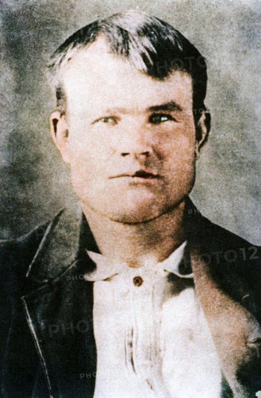 Butch Cassidy, American outlaw, 1894-1896 (1954). Born Robert Leroy Parker in Beaver, Utah, in 1866, Butch Cassidy was a notorious train robber, bank robber and leader of a gang known as the Wild Bunch. He was also part of the loose affiliation of outlaw groups based at Hole-in-the-Wall Pass in Wyoming that became known as the Hole in the Wall Gang. He is said to have been killed, along with fellow outlaw Harry Longabaugh (the Sundance Kid) by Bolivian police in 1908 after robbing a mule train carrying a silver mine payroll. A print from the "Pictorial History of the Wild West", by James D Horan and Paul Sann, Spring Books, London, 1954. (Colorised black and white print).